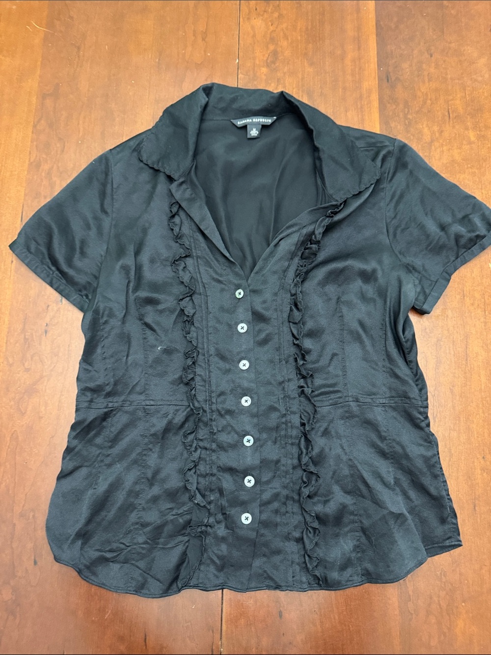 Banana Republic Black Short-Sleeve Ruffle Button-Front Shirt